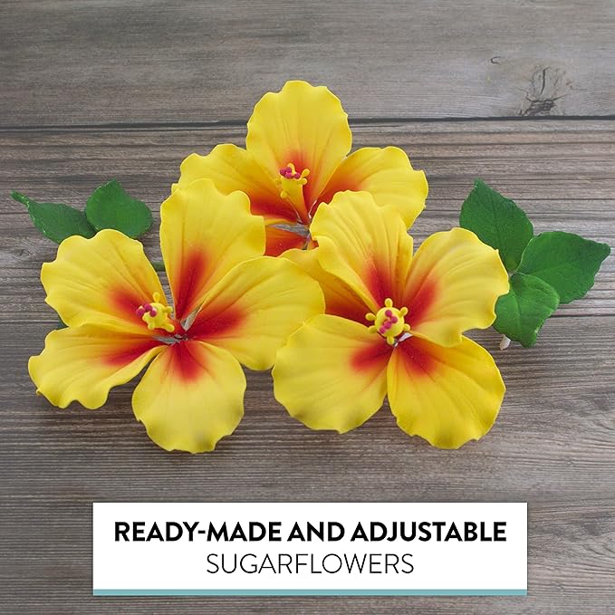 Global Sugar Art Hibiscus Sugar Cake Flowers, Yellow with Red, 3 Count with Leaves by Chef Alan