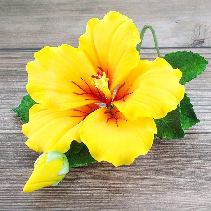 Global Sugar Art Hibiscus Sugar Cake Flowers Spray, Yellow Hawaiian Cake Flower Large. 1 Count by