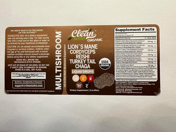 Organic Mushroom Supplement Liquid Drops with Lions Mane Turkey Tail Cordyceps Reishi Chaga Shitake