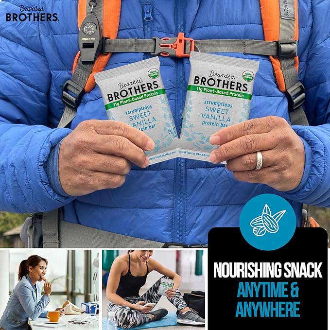 Bearded Brothers Organic Protein Bars, Vanilla (10 Pack) - 11g of Plant Based Protein Gluten Free