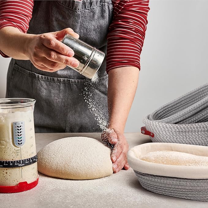 Cotton Rope Banneton Bread Proofing Basket Set, 2 x Oval Bread Basket with Liners & Covers for