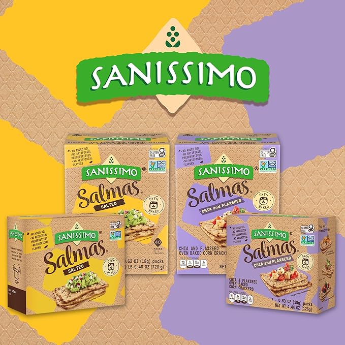 Sanissimo Salmas Salted, 40 packs of 3 Crackers, Oven Baked Corn Crackers, Gluten Free, Non GMO