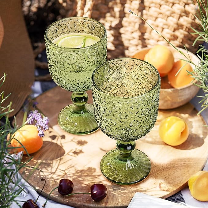 Joeyan Vintage Glass Wine Goblet,Green Embossed Floral Stemmed Wine Glasses,Colored Drinking