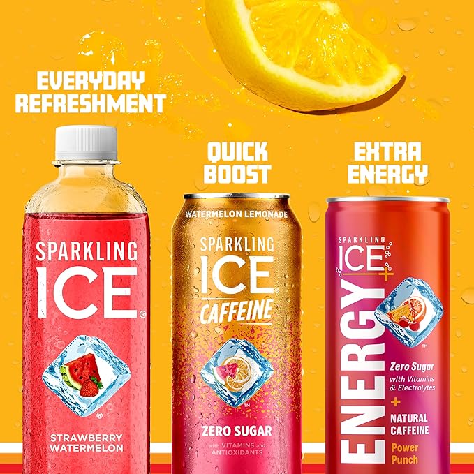 Sparkling Ice Caffeine Watermelon Lemonade Sparkling Water with Caffeine, Zero Sugar, with