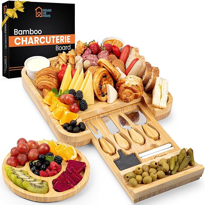Large Bamboo Charcuterie Boards Gift Set with Hidden Drawer, Side Fruit Tray, Cheese Knife Set