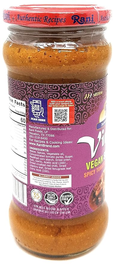 Rani Vindaloo Curry Vegan Simmer Sauce (Spicy Tomato, Red Peppers & Spices) 14oz (400g) Glass Jar ~