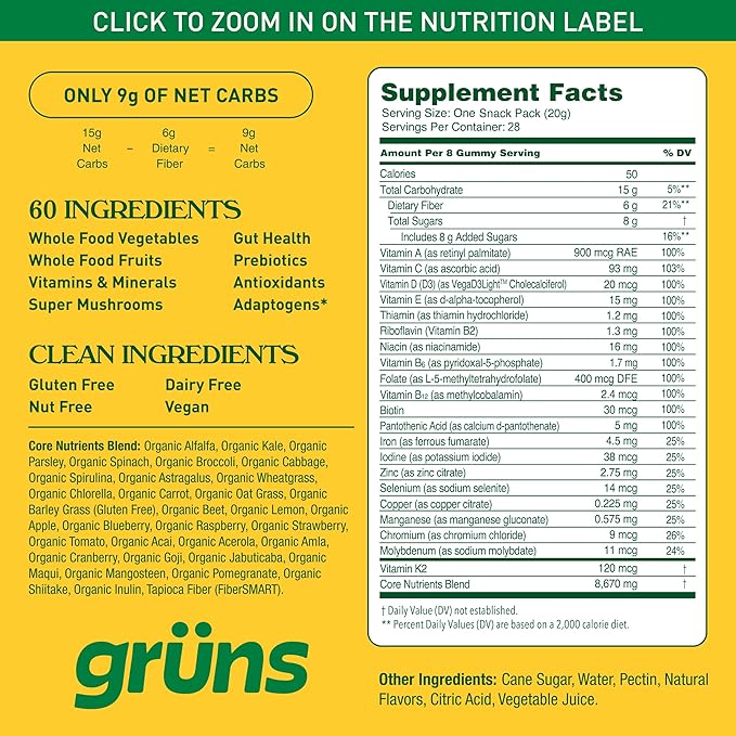 Gruns Adults Super Greens Gummies, Multivitamin Superfood Gummy Bears with Spirulina, Chlorella
