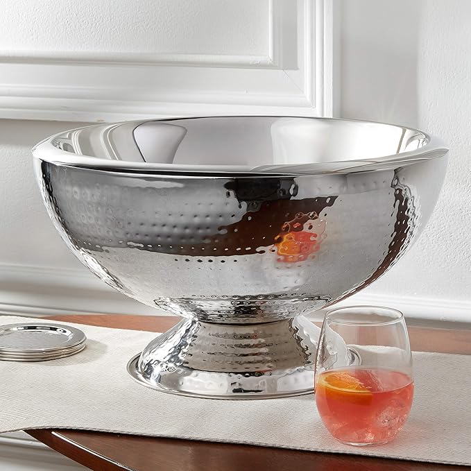 Stainless Steel Hammered Double-Walled Insulated Punch Bowl 17 Inch | 3 Gallon Footed Beverage Tub