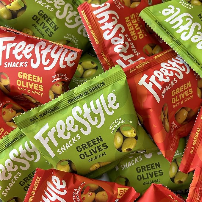 Freestyle Snacks Olive Snack Packs - Single Serve - Fresh Pitted Green Olives, Jumbo-Sized, Grown