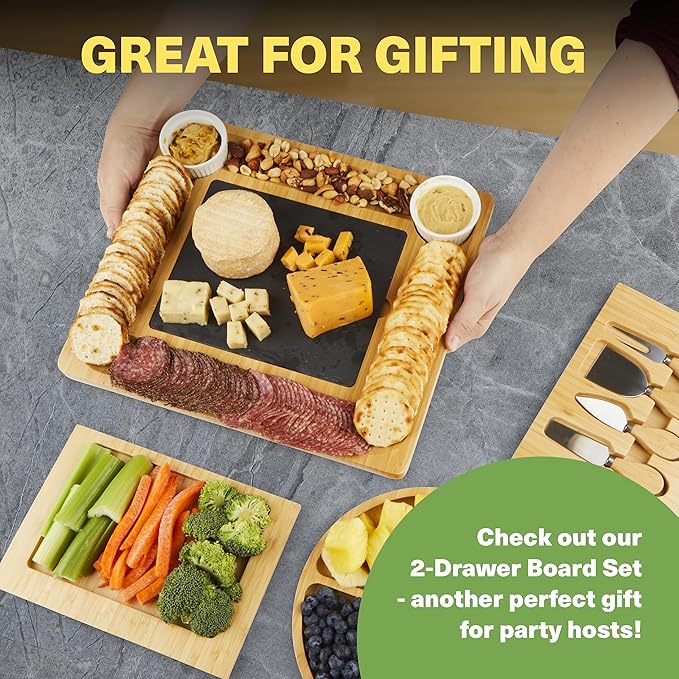 Dynamic Gear Charcuterie Boards with Drawers - Expandable Bamboo Cheese Board Set with Stainless