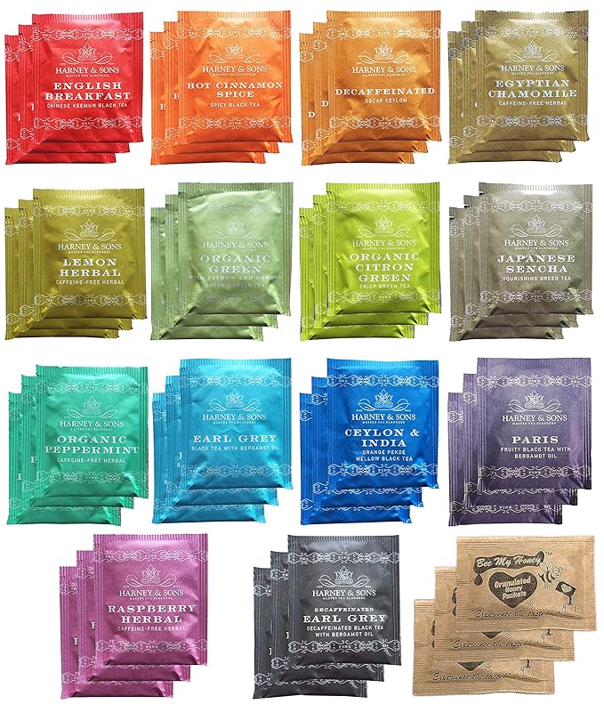 Harney & Sons Assorted Tea Bag Sampler Bundle 42 Count With Honey Crystal Packs Great for Birthday