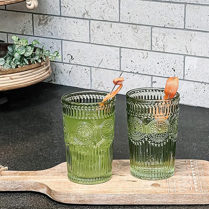 Kate Aspen Vintage Ribbed Green Drinking Glasses, Set of 6 (13oz)