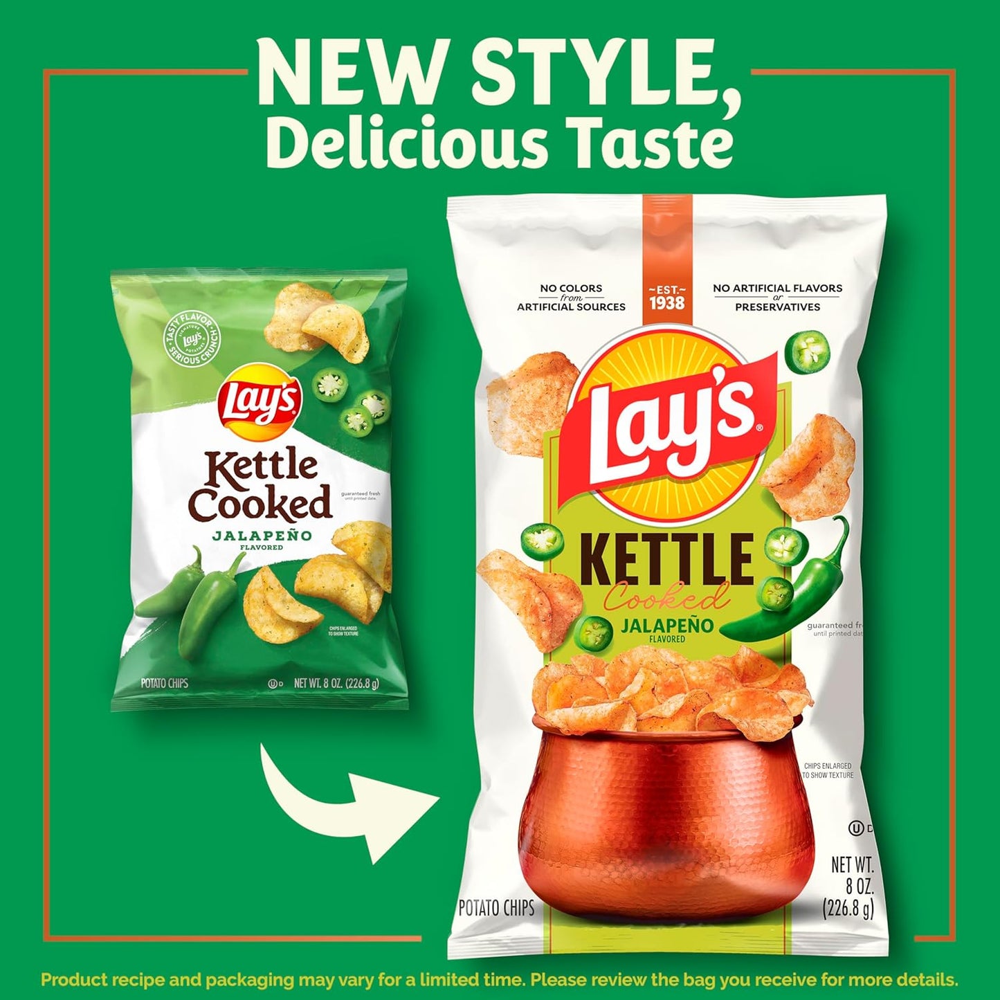 Lay's Kettle Cooked Potato Chips, Jalapeno, 0.85 Ounce (Pack of 40)