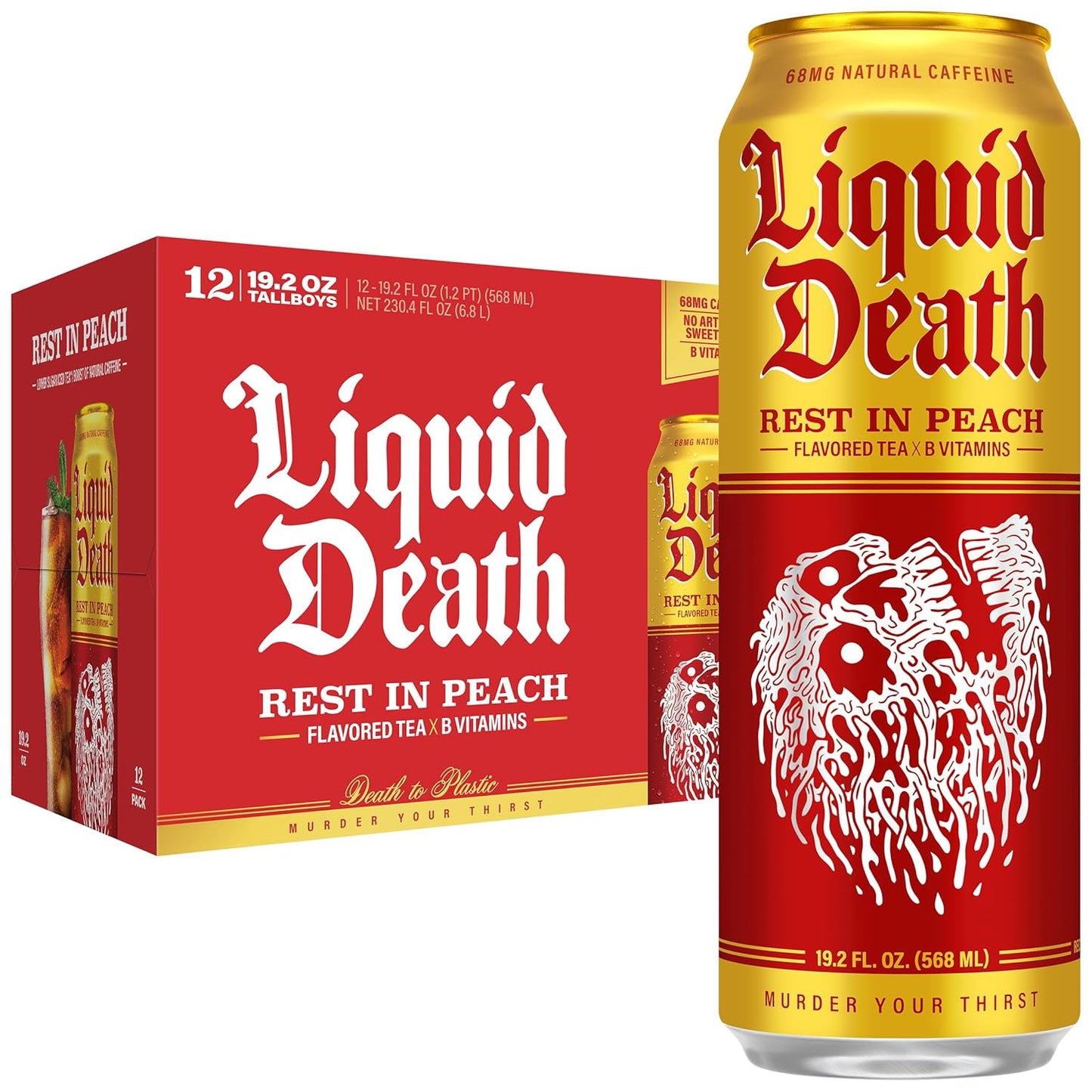 Liquid Death Iced Tea - Rest In Peach (Peach-Flavored Black Tea), King Size, 19.2 Fl Oz, Pack of 12