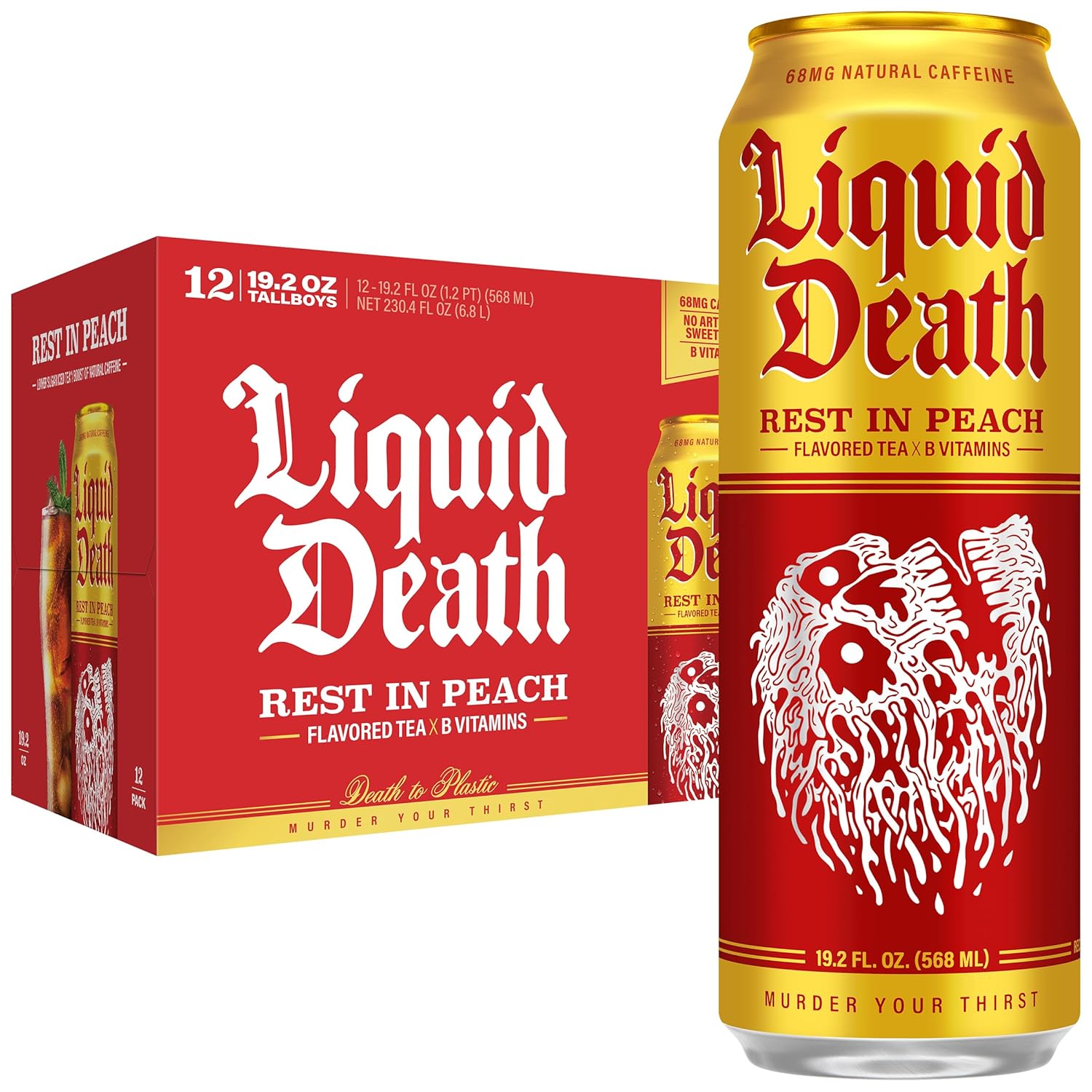 Liquid Death Iced Tea - Rest In Peach (Peach-Flavored Black Tea), King Size, 19.2 Fl Oz, Pack of 12
