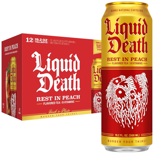 Liquid Death Iced Tea - Rest In Peach (Peach-Flavored Black Tea), King Size, 19.2 Fl Oz, Pack of 12