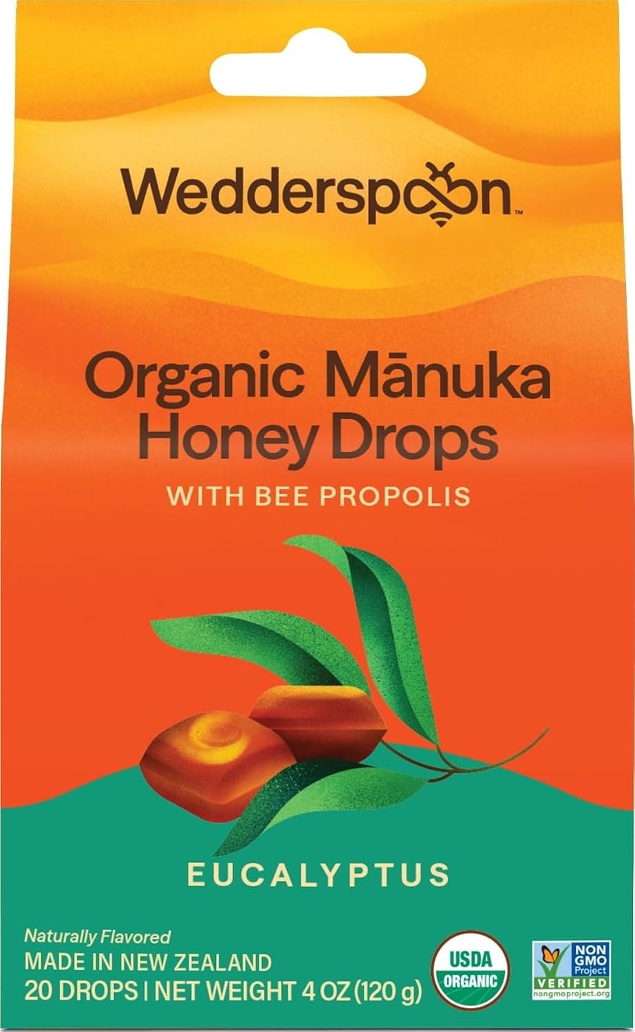 Wedderspoon Organic Manuka Honey Drops, Eucalyptus & Bee Propolis, 20 Count (4oz) (Pack of 1)| Genuine New Zealand Honey | Perfect Remedy For Dry Throats