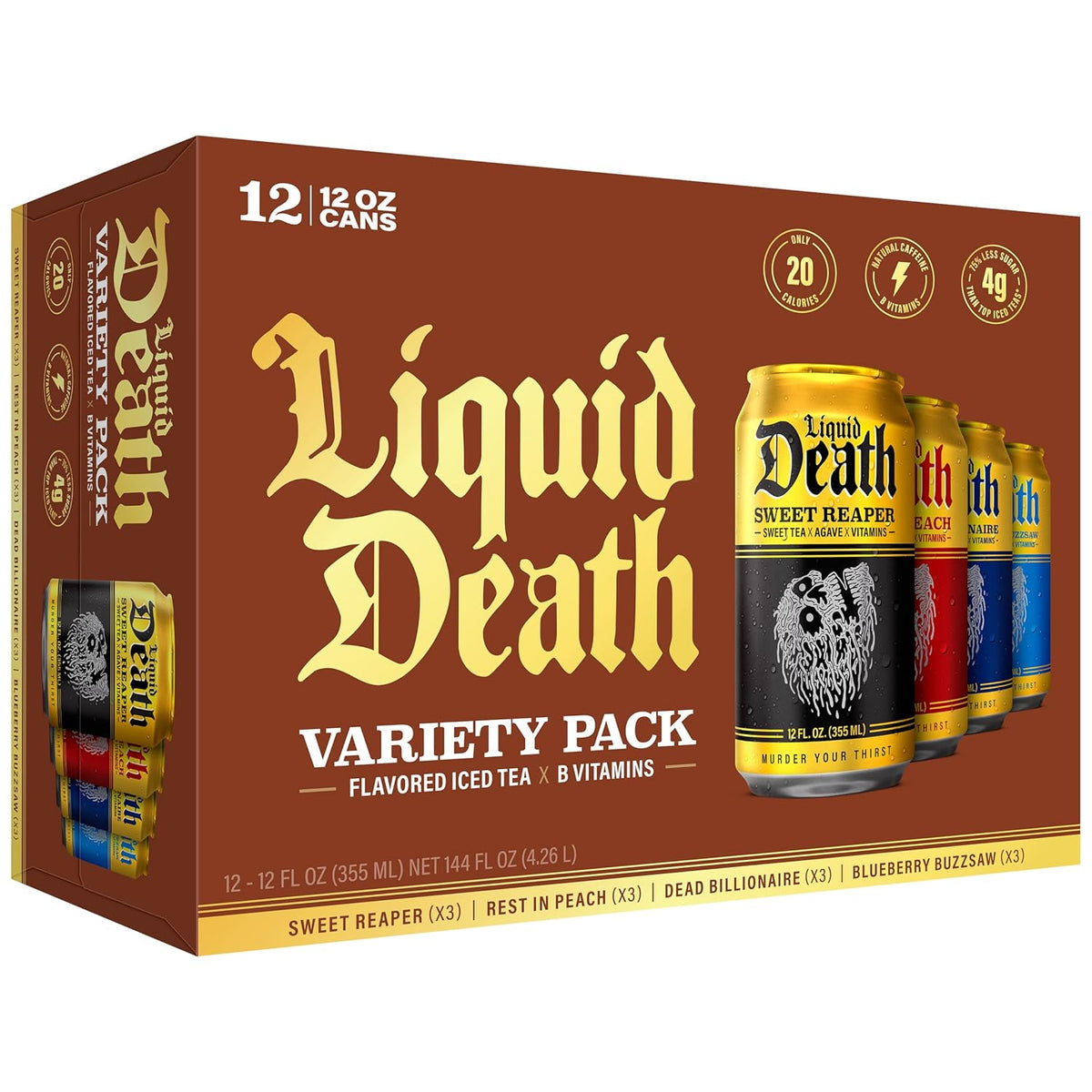 Liquid Death Iced Tea - Variety, 4 Flavors: Tea/Lemonade, Rest in Peach, 12 Fl Oz, Pack of 12
