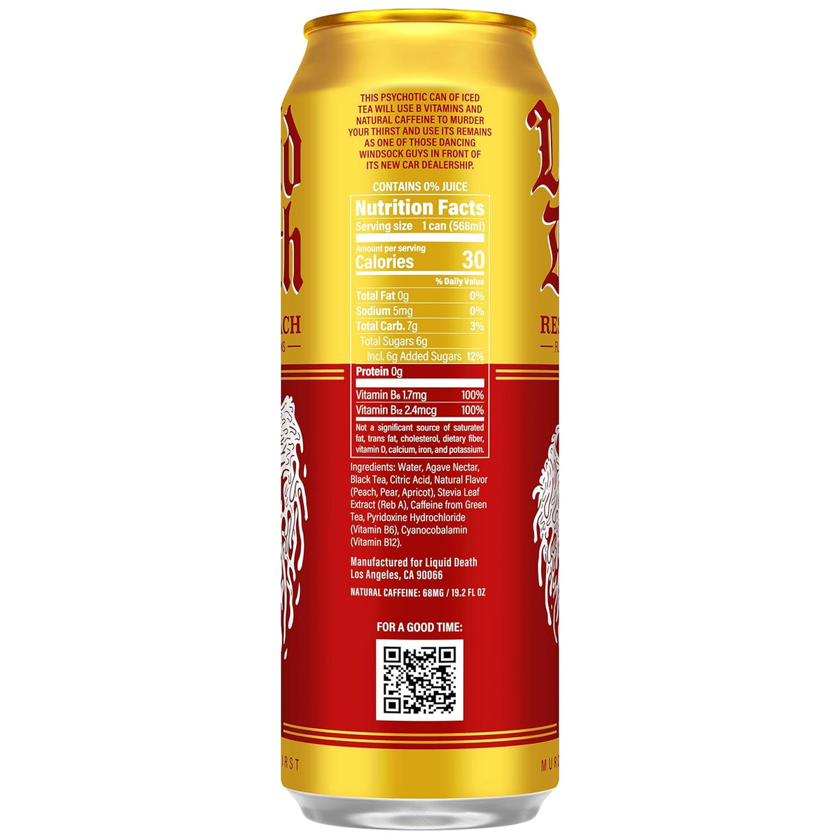 Liquid Death Iced Tea - Rest In Peach (Peach-Flavored Black Tea), King Size, 19.2 Fl Oz, Pack of 12