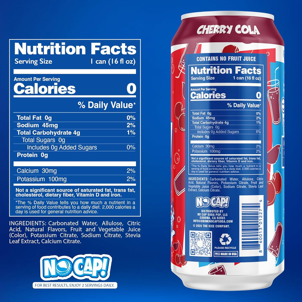 NO CAP! Next Gen Soda Pop Cherry Cola with Electrolytes for Hydration, Zero Sugar, Zero Calories