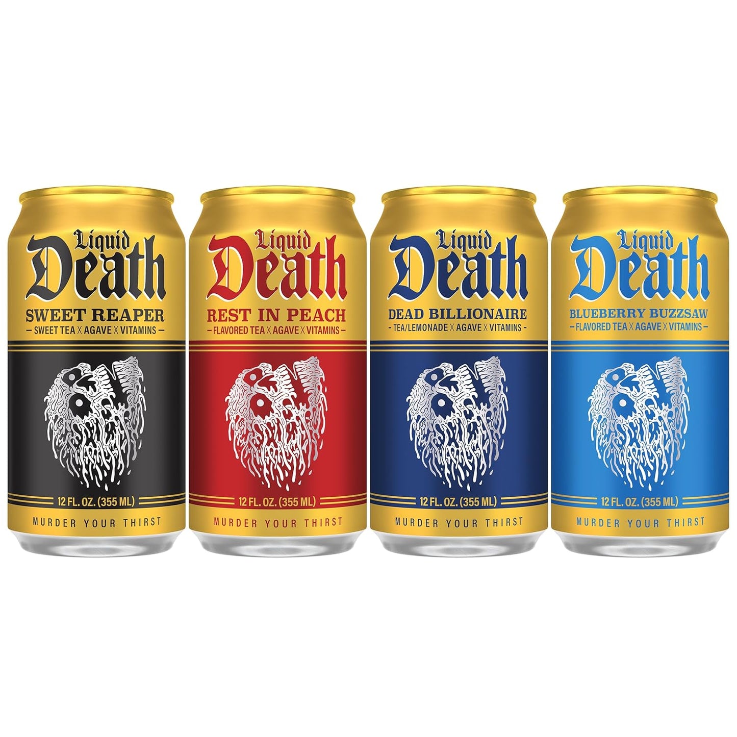 Liquid Death Iced Tea - Variety, 4 Flavors: Tea/Lemonade, Rest in Peach, 12 Fl Oz, Pack of 12