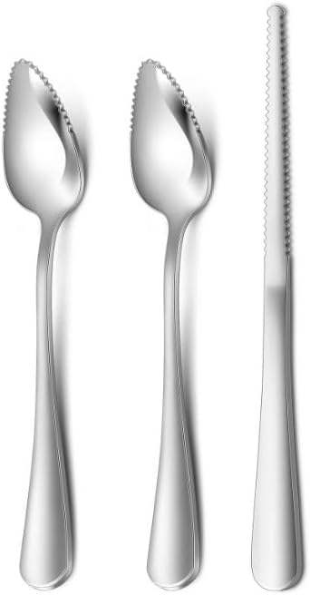 Set of 3 Stainless Steel Grapefruit Spoons with Serrated Edges and Grapefruit Knives - Perfect