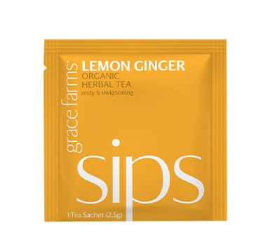 Grace Farms LEMON GINGER Organic Herbal Tea (100 Enveloped Pyramid Sachets w/String & Tag) | Zesty