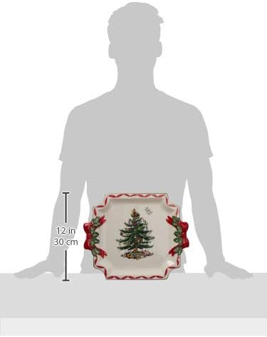 Spode Christmas Tree Ribbons Square Platter with Bow Handles - 11-Inch Holiday Serving Plate for