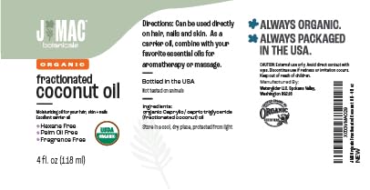 J MAC BOTANICALS Organic Fractionated Coconut Oil (4 oz Glass Bottle) Organic Carrier Oil and