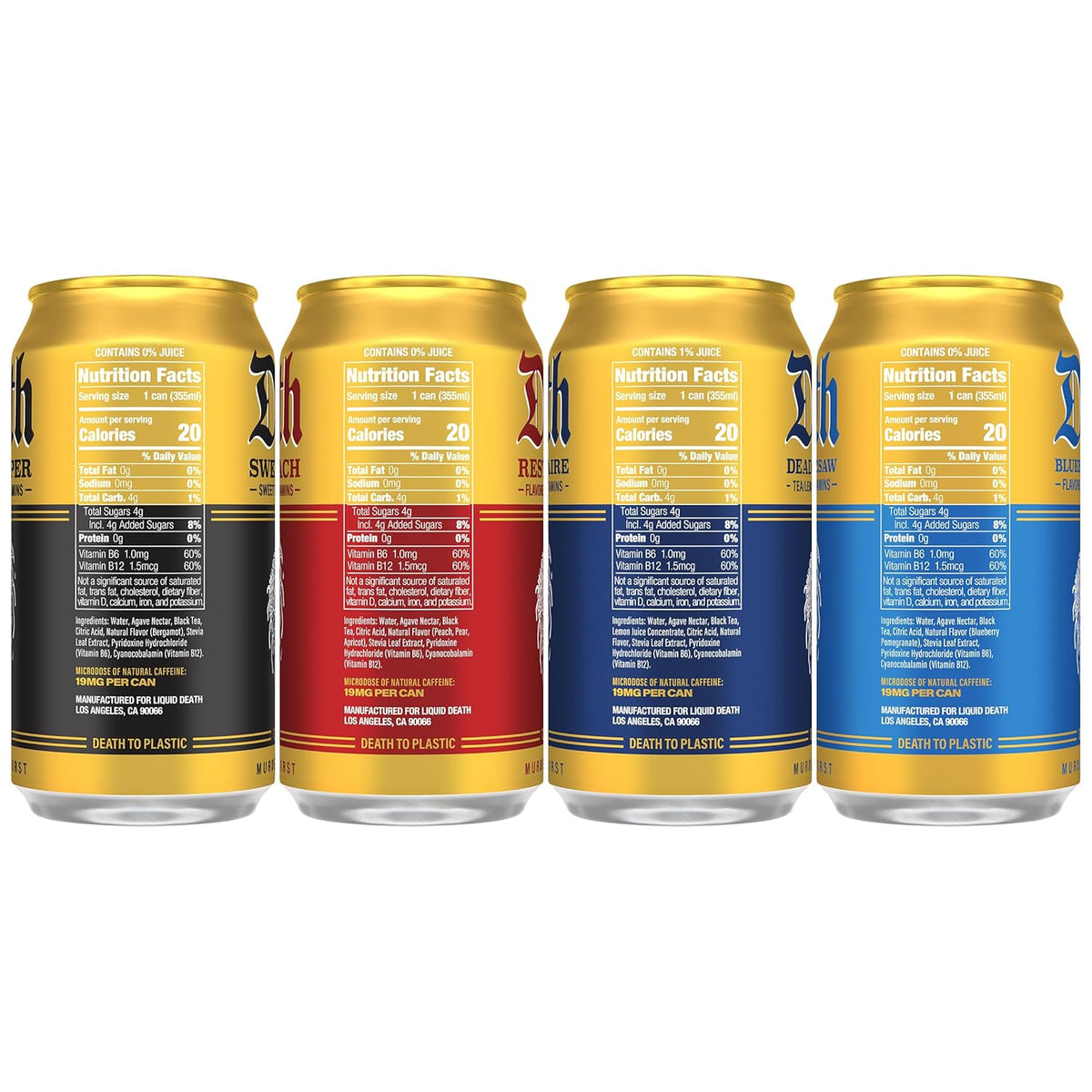 Liquid Death Iced Tea - Variety, 4 Flavors: Tea/Lemonade, Rest in Peach, 12 Fl Oz, Pack of 12