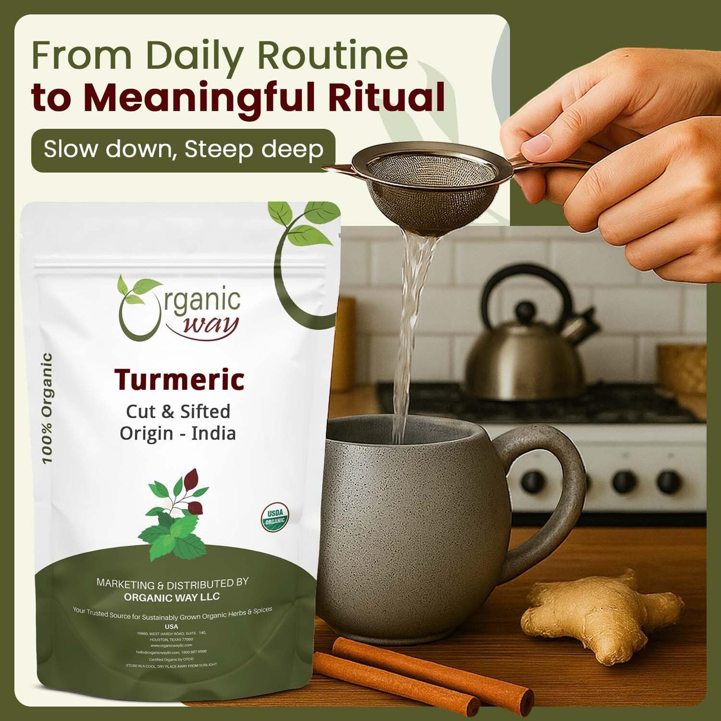Organic Turmeric Root Cut & Sifted Herbal Tea – USDA Organic, Vegan, Non-GMO & Gluten Free Dried
