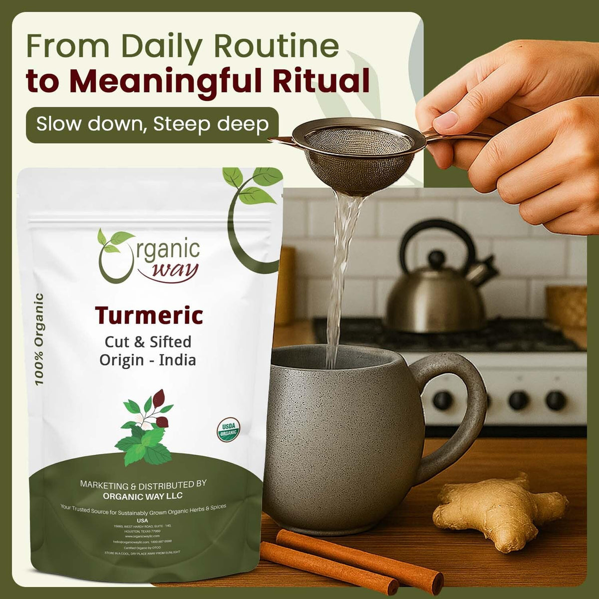 Organic Turmeric Root Cut & Sifted Herbal Tea – USDA Organic, Vegan, Non-GMO & Gluten Free Dried