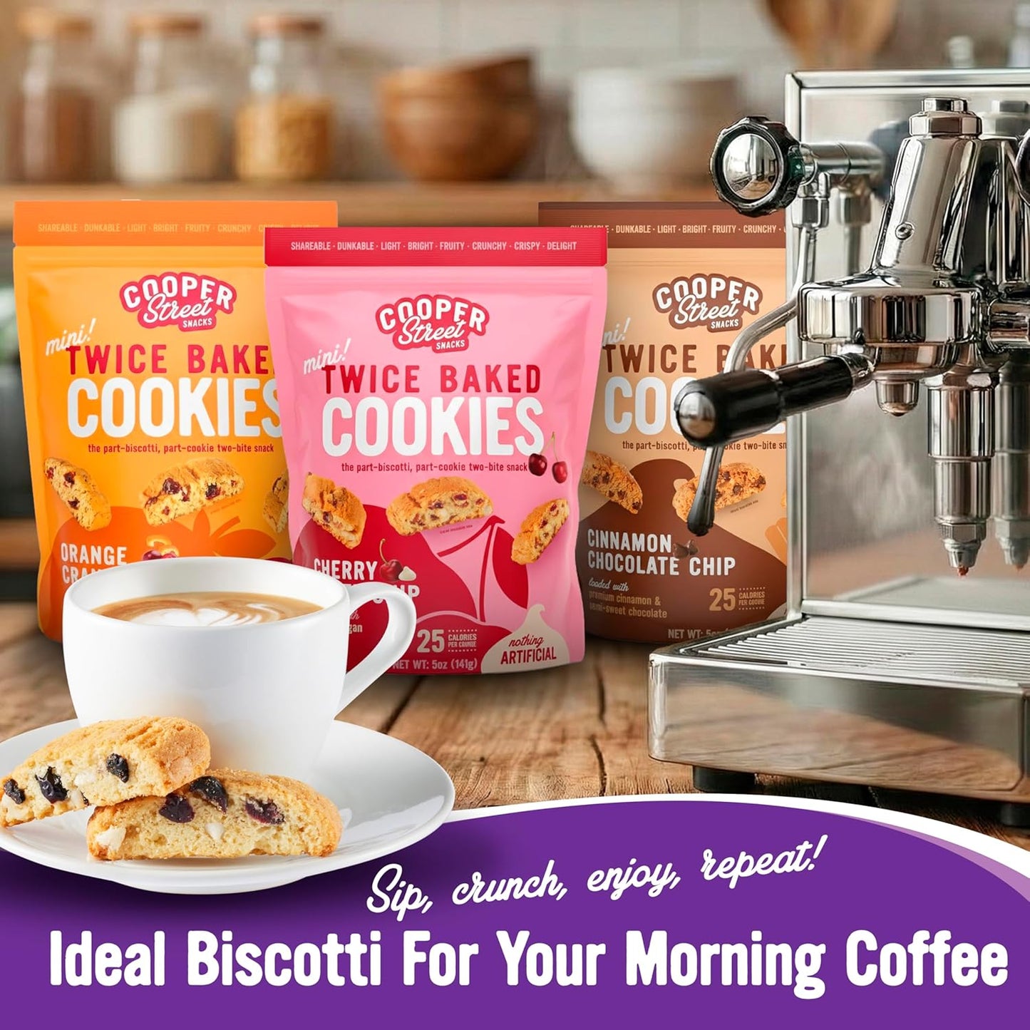Cooper Street Twice Baked Biscotti Cookies Variety Pack - 5 Pack (5oz Each) - Light and Crispy