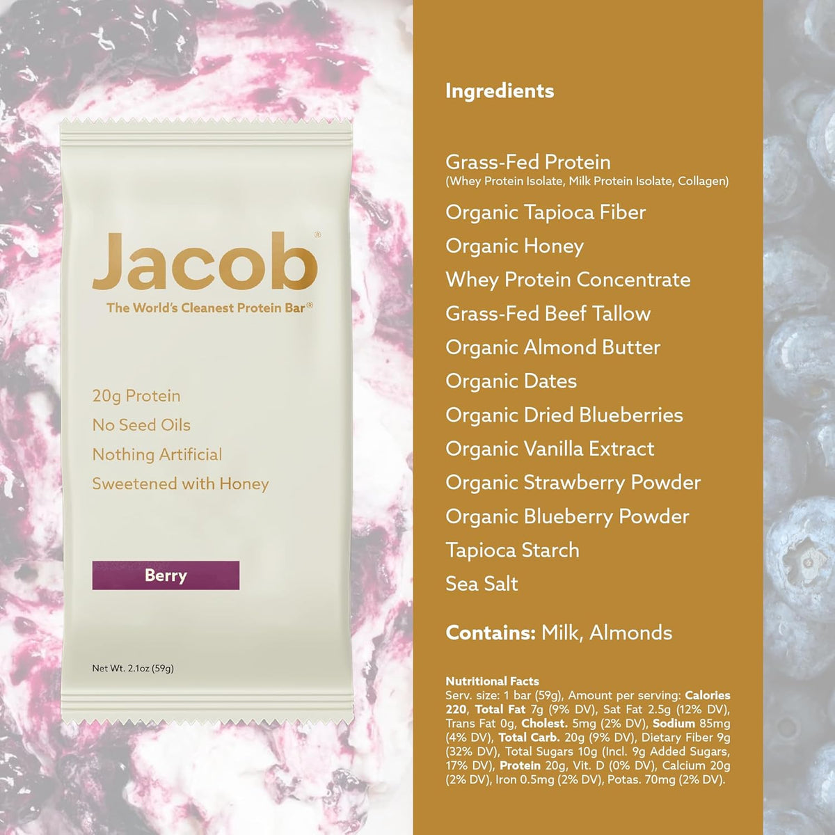 Jacob Bar, Protein Bars, Mixed Berry (9 Bars Total) - 20g Grass-Fed Protein, No Seed Oils, Nothing