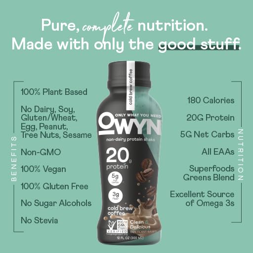 OWYN Only What You Need Vegan Plant-Based Protein Shake, Cold Brew Coffee, 12 Pack, with 20g Plant