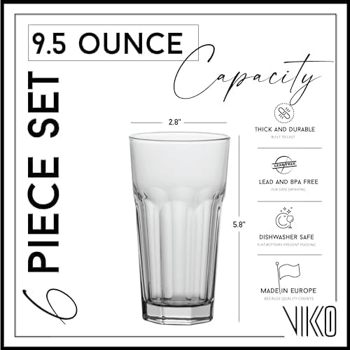 Vikko Drinking Glasses, Set of 6 Juice Glasses 9.5 Oz, Thick and Sturdy Kitchen Glasses, Dishwasher