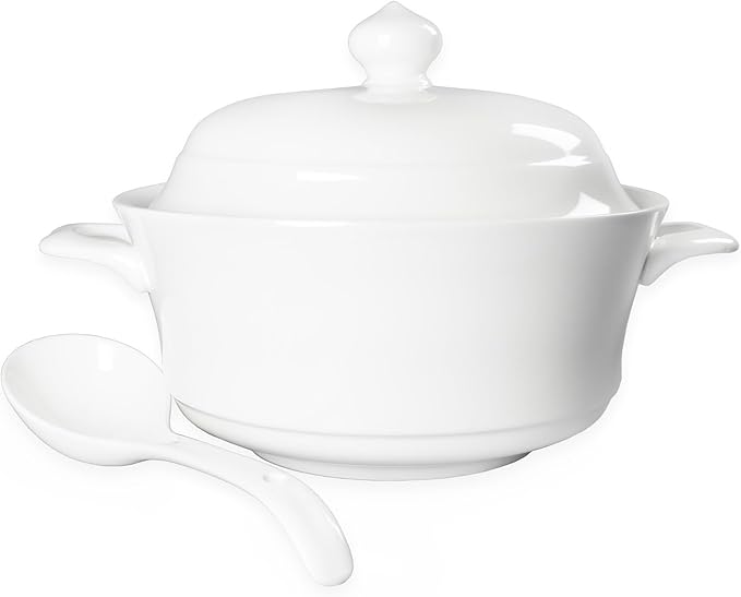 Casserole dish with Lid and soup spoon, Ceramic Serving Soup Tureen, 1.8 QT White French Serving
