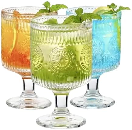 Vintage Goblet Glasses Set of 3, 8oz Embossed Floral Wine Glasses, Clear Glass Cups for Tea, Wine