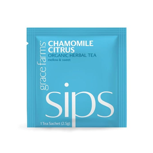 Grace Farms Organic CHAMOMILE CITRUS Herbal Tea (100 Enveloped Pyramid Sachets w/ String & Tag) |