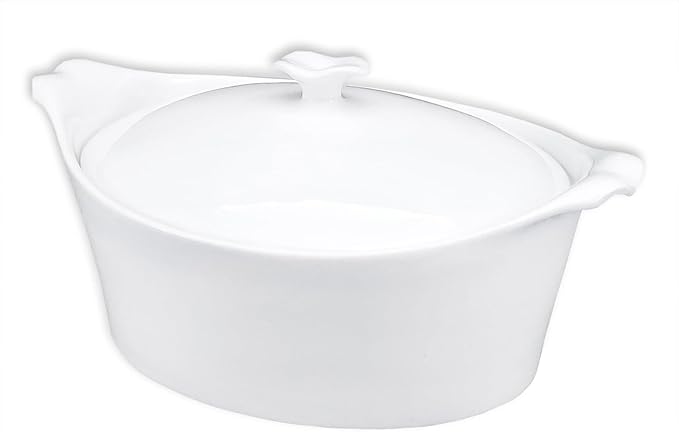 8.7" x 6.7" Ceramic Oval Casserole Dish with Lids,1.6 Qt White French Serving Soup Tureens, Baking