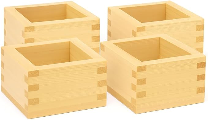 JapanBargain, 4-Pack Small Hinoki Cypress Masu Sake Cups – Made in Japan Wooden Sake Box Cups with