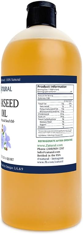 Zatural Flaxseed Oil Naturally Grown 100% Pure Cold Pressed Omega Rich Fatty Acids 32oz