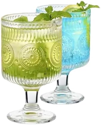 Vintage Goblet Glasses Set of 2, 8oz Embossed Floral Wine Glasses, Clear Glass Cups for Tea, Wine