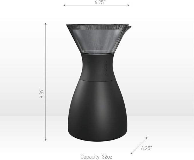 asobu Black Insulated Pour Over Coffee Maker (32 oz.) Double-Wall Vacuum, Stainless-Steel Filter