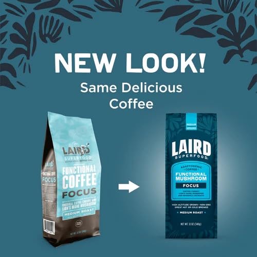 Laird Superfood Focus Coffee, Medium Roast Ground Coffee Infused with Functional Mushrooms and