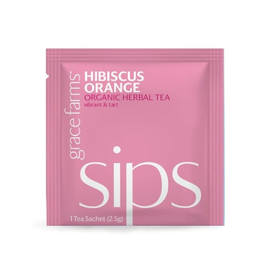 Grace Farms Organic HIBISCUS ORANGE Herbal Tea (100 Enveloped Pyramid Sachets w/String & Tag) |