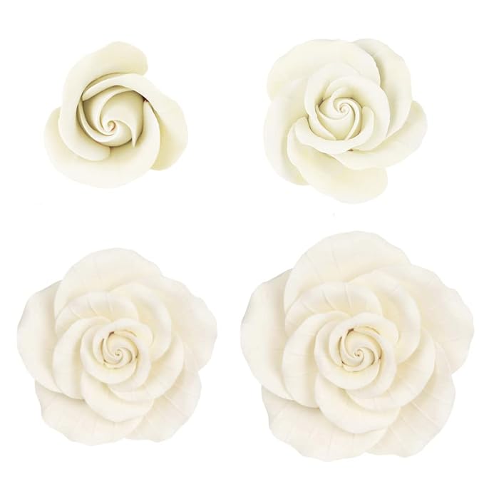 O'Creme Garden Roses Gumpaste Flower Set - White Edible Flowers for Cake Decorating - Sugar Paste
