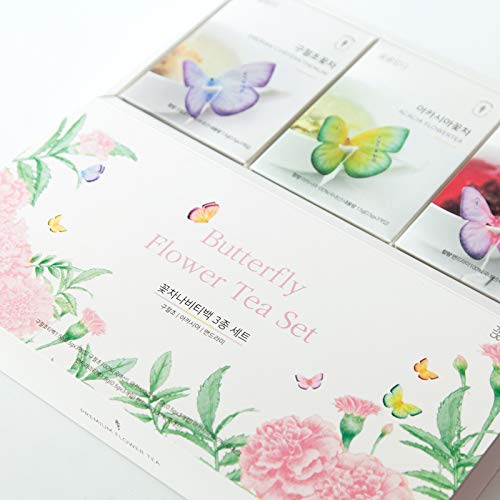 KKOKDAM Korean Tea Gift Set Sampler – 3 Flavor Pink Butterfly Tea Bag Sampler – Elegant Box for Tea
