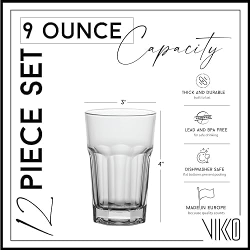Vikko Drinking Glasses, 9 Ounce Glass Cups, Durable Glasses Drinking Set of 12, Stackable Water