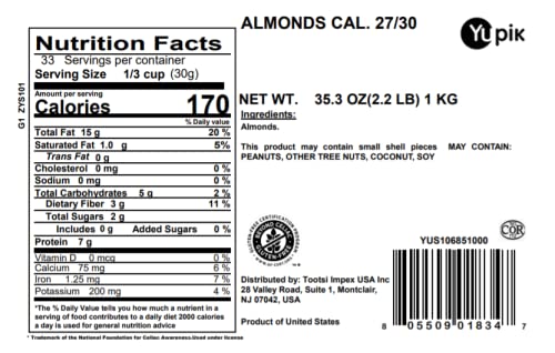 Yupik California Raw Almonds, Small Size, 2.2 lb, Gluten-Free, Kosher, Salt-Free, Source Of